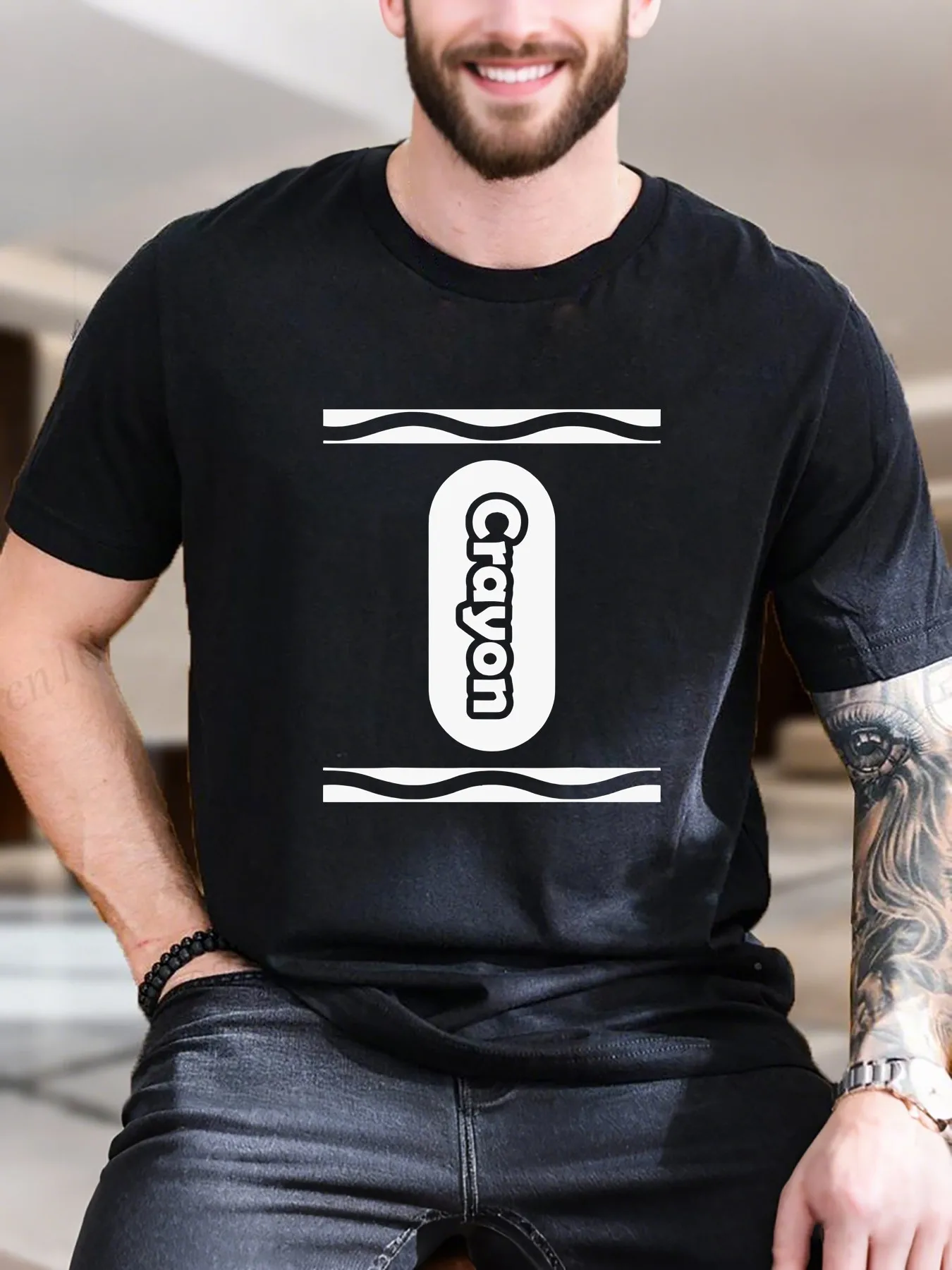 

Men's Printed Short Sleeve T-Shirt - Comfortable Cotton, Trendy Black & White Letter'I' Shadow Design, Casual & Versatile Top