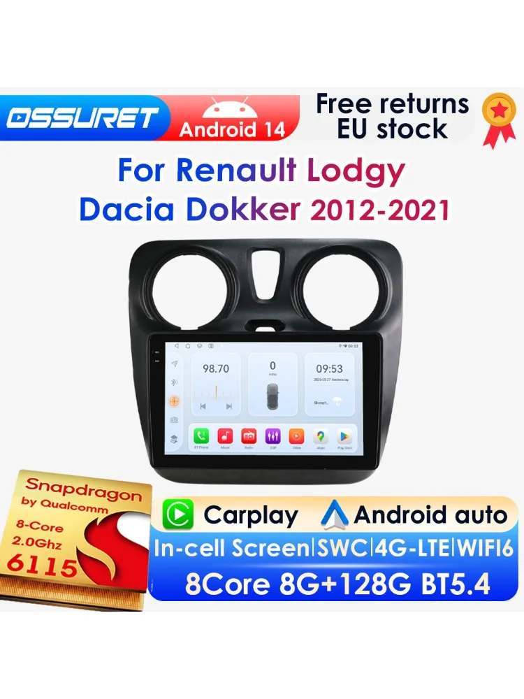 Qualcomm 8-rdzeniowy CarPlay Android Auto Radio samochodowe dla Renault Lodgy Dacia Dokker 2012-2021 Samochodowy odtwarzacz multimedialny GPS DSP 360 ° Kamera — 2