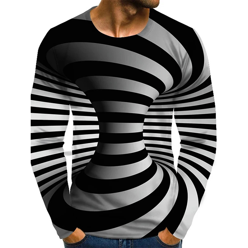 2023 Men's Optical Illusion Graphic Print Daily Long Sleeve Tops Exaggerated Around Neck Rainbow Streetwear Plus Size T-Shirt