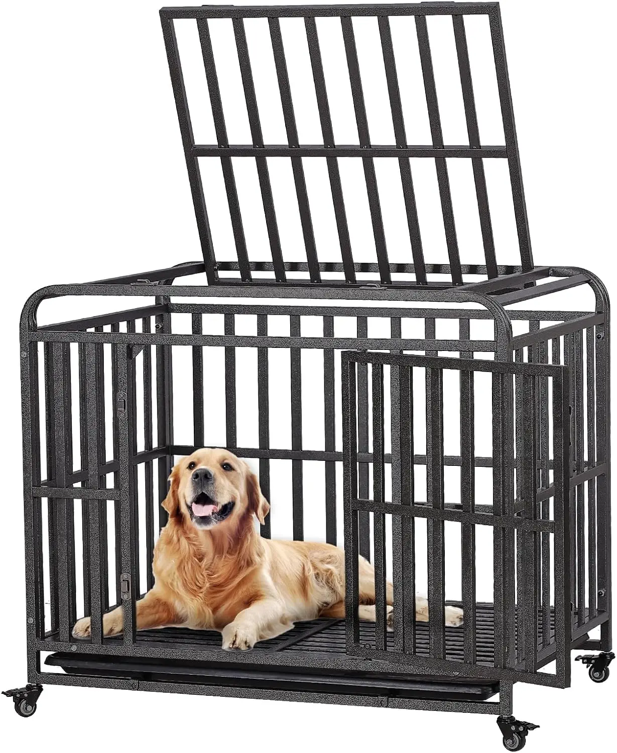 

38 Inch Heavy Duty Dog Crate Steel Dog Crate,Escape-Proof Double Door Dog Kennel with 360°Lockable Wheels, Dome Design