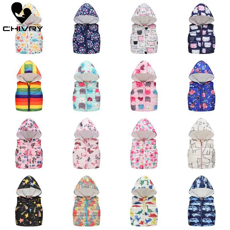 2022 Autumn Winter New Boys Girls Sleeveless Hooded Wool Vest Jacket Cartoon Print Coat Kids Warm Cashmere Vest Outwear Clothes