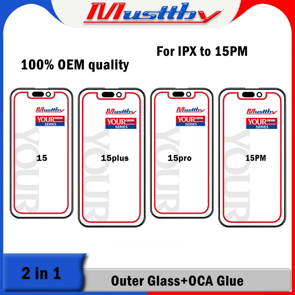 Musttby 5pc 100% OEM Quality OCA Adhesive Front Screen Outer Glass For Apple iPhone 15 14 X Xs 11 12 13 Pro Max Repalcement