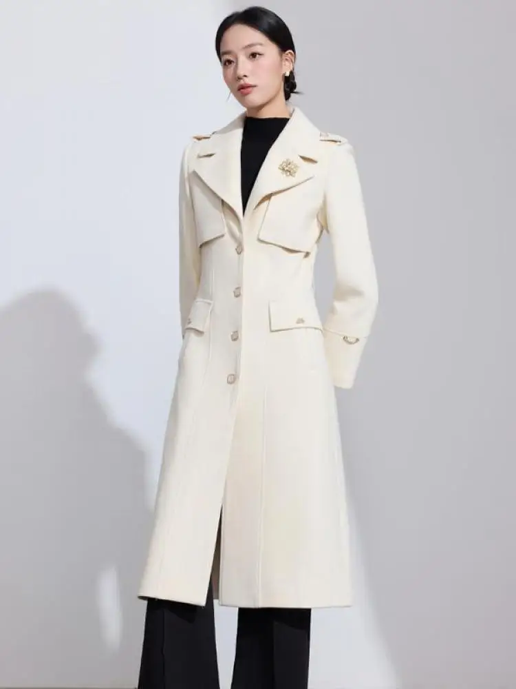 

Korean Women Solid Long Sleeved Single Breasted Woolen Coat Autumn Winter Temperament Professional Office Lady Overcoat Popular