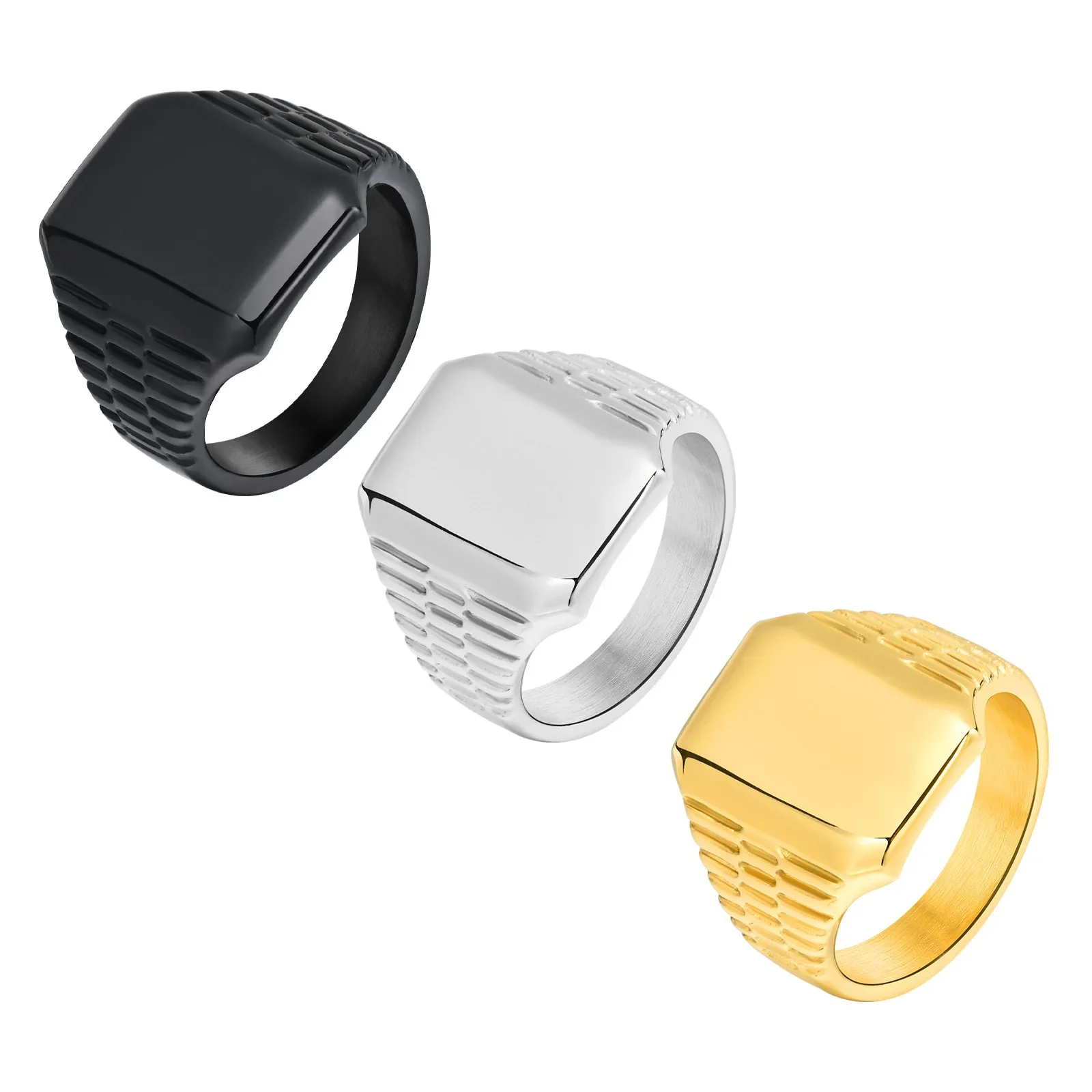 Waterproof Men's Stainless Steel Square Signet Ring Black Gold Plated Thumb Ring for Him Dad Father Boyfriend