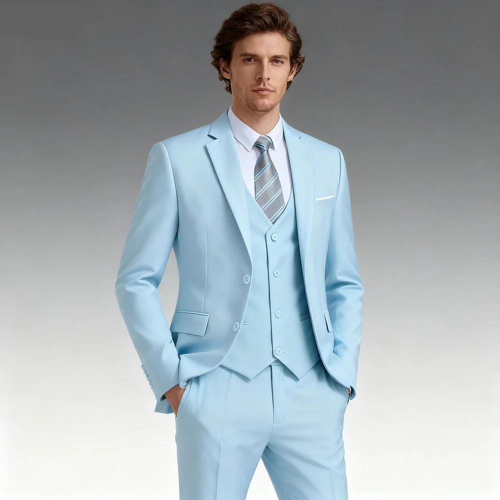 

Slim Fit 3 Piece Formal Mens Suit Pink/Blue Groomsmen Tuxedo Set Business Prom Jacket Blazer Vest Pants for Men