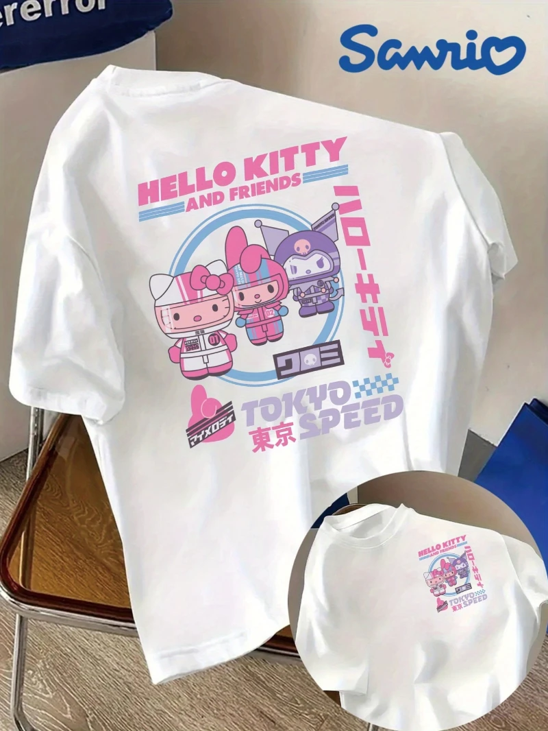 تي شيرت Sanrio رسميًا مطبوع عليه Hello Kitty Tokyo للزوجين بأكمام قصيرة، تي شيرت لطيف كاجوال برقبة دائرية، ملابس صيفية