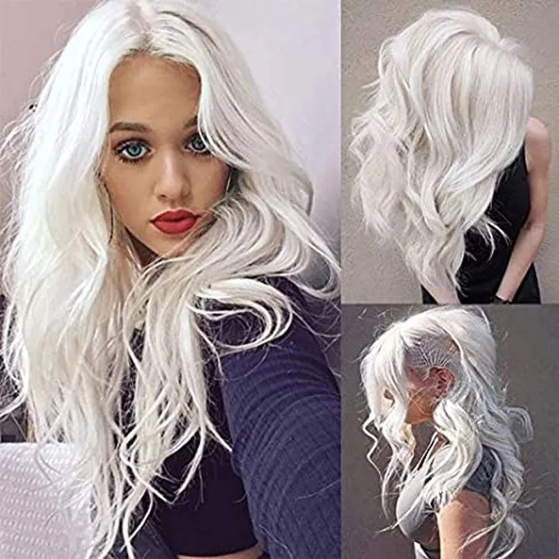 

Long Wavy Silver White Wig for Women with Highlights Natural Middle Part Synthetic Hair Wigs Heat Resistant Wigs