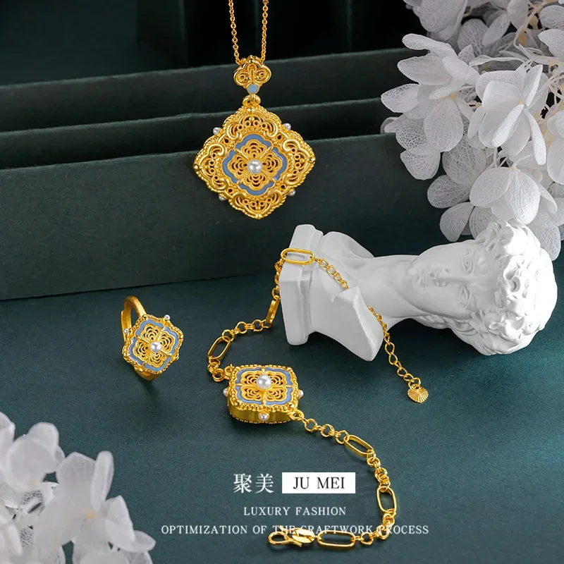 

9999 24K real gold versatile four in one Ruyi ancient French Song charm pendant ring bracelet with filigree enamel pearls