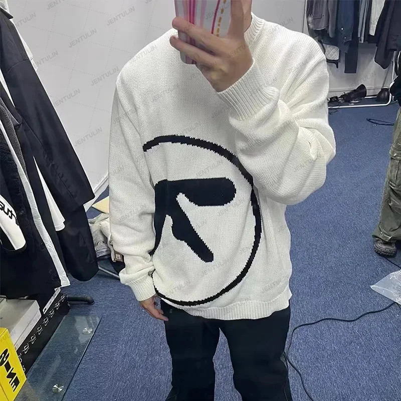 Women\'s Y2K Style Streetwear White Aphex Twin Sweater Japanese Anime Knitted Sweater Gothic Autumn Casual Loose Cotton Pullover