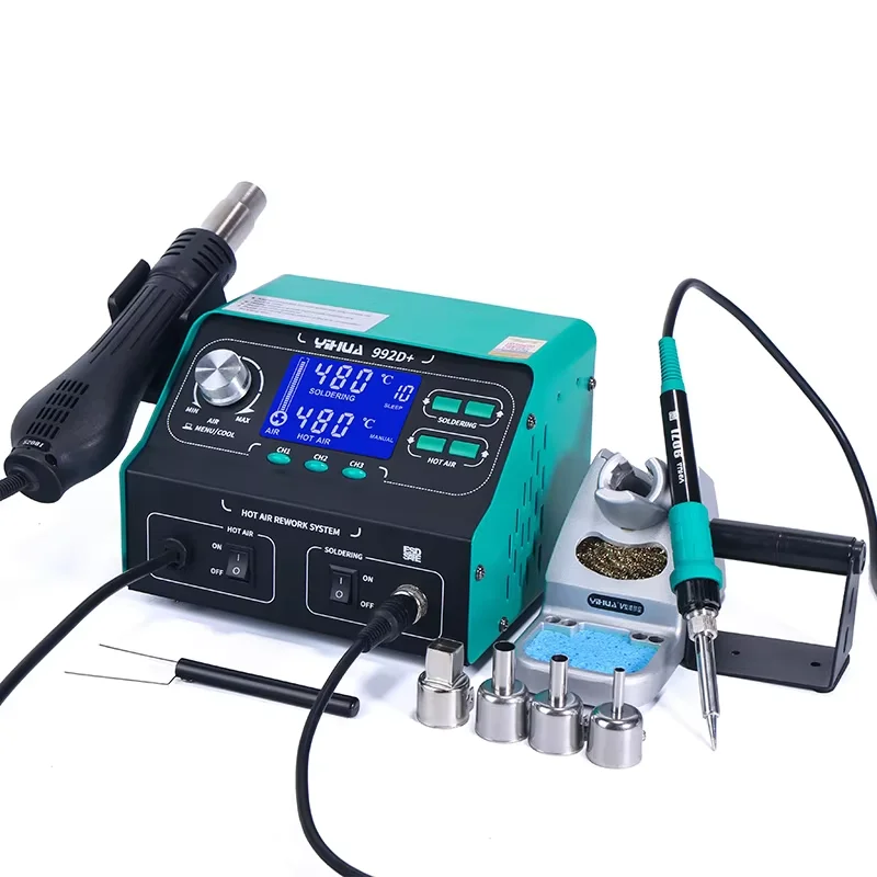 

YIHUA 992D+ LCD Soldering With Smoking Solder Iron Vacuum Pen BGA Rework Hot Air Blow Dryer Welding Station newupgraded nozzles