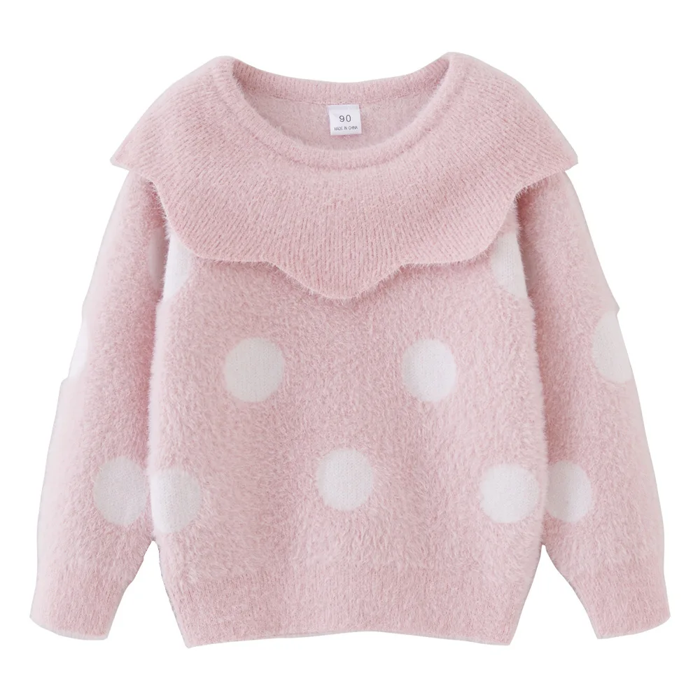 Autumn Winter Children Girl Knitwear Cotton Dot Print Infant Baby Girl Peter Pan Collar Undershirt Soft Velvet Kid Girl Sweaters