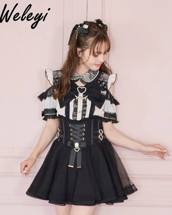 Jirai Kei Style Shirt Mine Series Off-Shoulder Pearl Collar Blouse Student Japanese Cute Girl Sweet Big Bow Short Sleeve Shirts