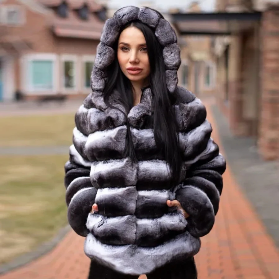 Ladies Rex Rabbit Fur Coat Hot Sales Styles Chinchilla Real Fur Coat Women Winter Hooded Jacket High Quality