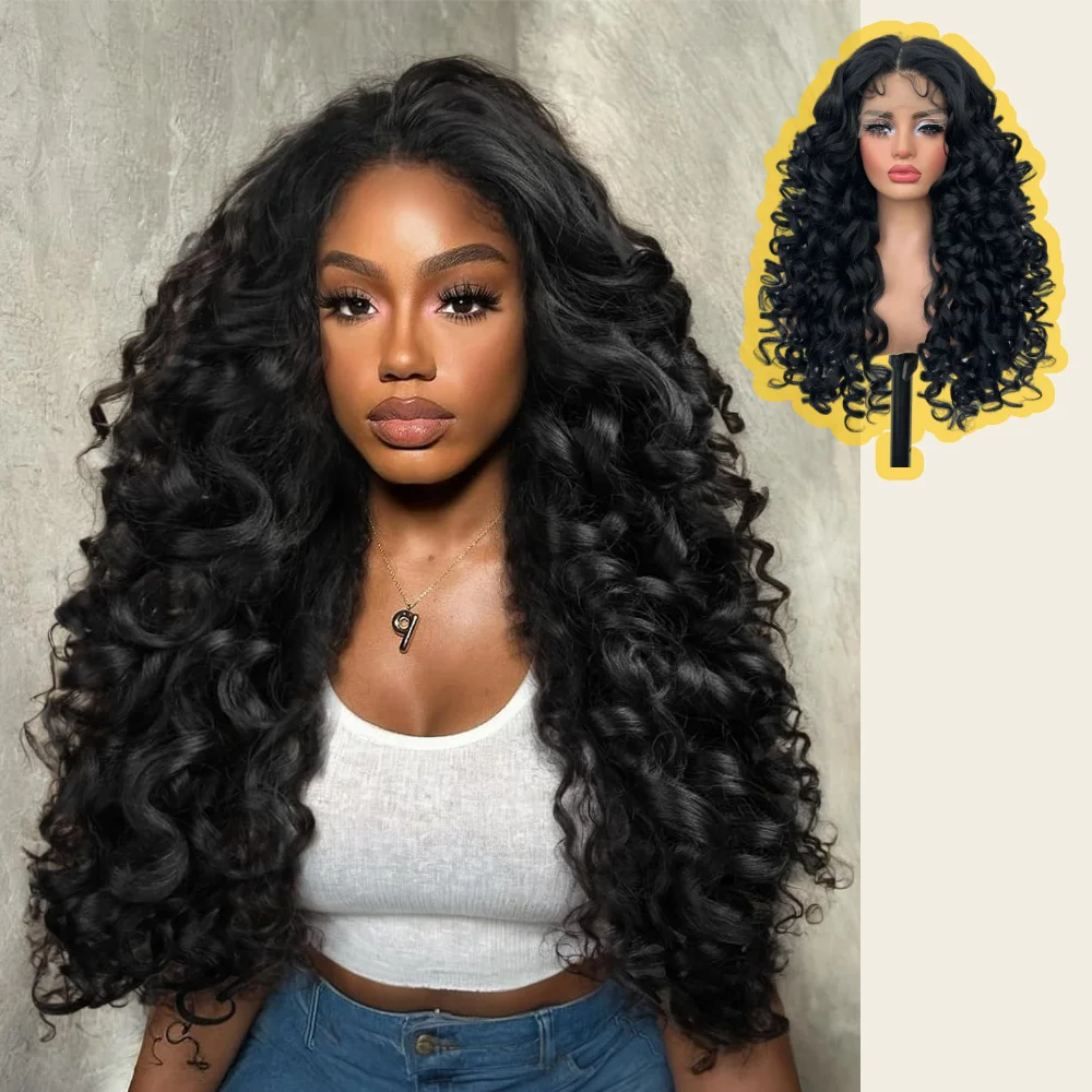 

Синтетический парик X-TRESS черного цвета с центральной проборкой и кружевной передней частью, длинные кудрявые волосы для женщин, 22 дюйма, пышный и объемный парик