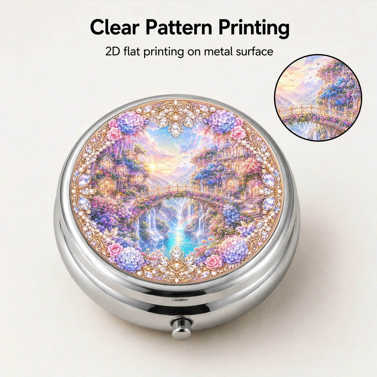 1Pc Flat Printing Dream Valley Castle Series Round Metal Pill Box, Wisteria Rose Clustered Ancient Castle Arch Bridge Waterfall Rainbow with Gem Pearl Border, Three Compartment Design Portable Carrying