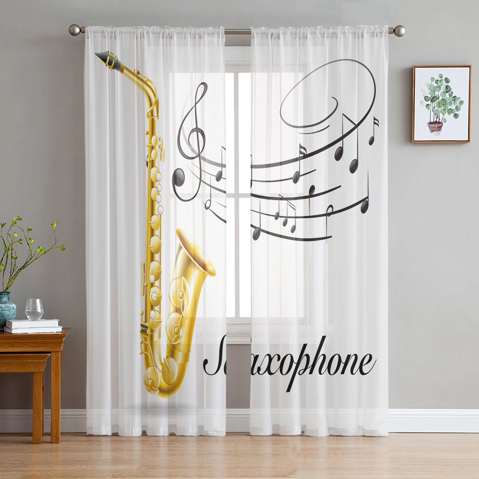 Saxophone Music Note Sheer Curtains for Living Room Bedroom Kitchen Tulle for Windows Voile Yarn Curtains for Bedroom