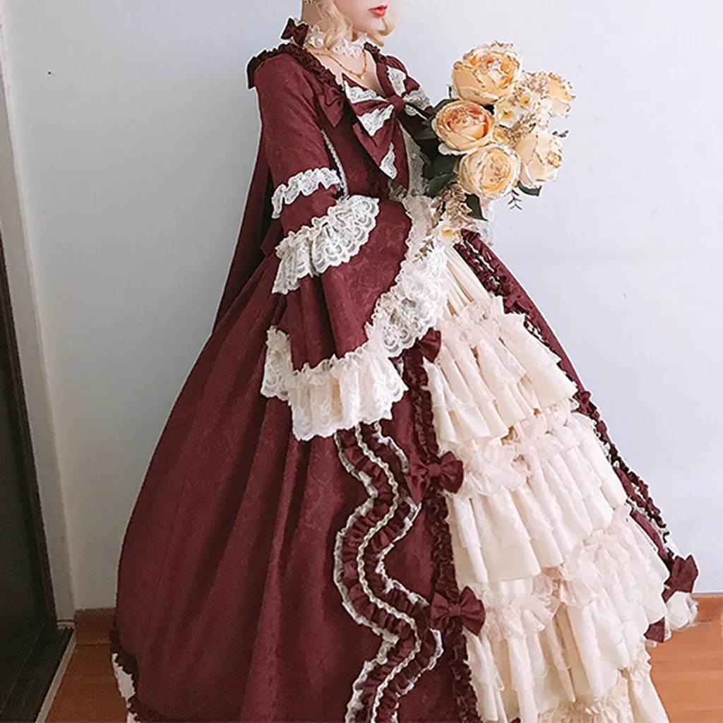 Stylish Plus Size Dress Women Vintage Square Collar Patchwork Bow Dress Carnival Middle Ages Gothic Court Victoria Dresses