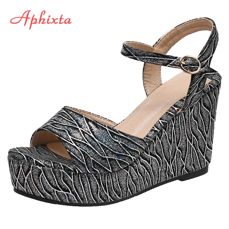 Aphixta 2022 New Platform Peep Toe Wedges Sandals Women Bling Super High Wedge Heels Shoes Height Increaming Beach Slides