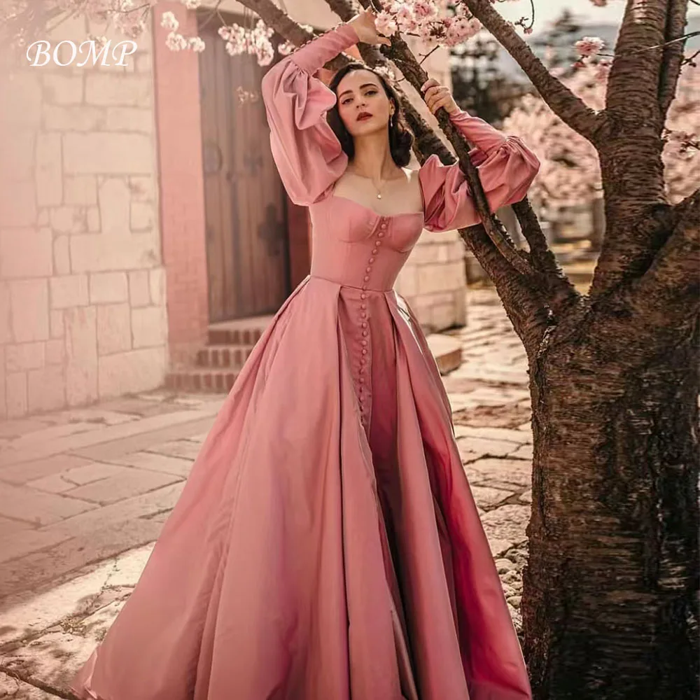 BOMP 빈티지 핑크 웨딩 파티 드레스 스위트하트 풀 슬리브 버튼 바닥 길이 새틴 가든 이브닝 생일 드레스 맞춤 제작