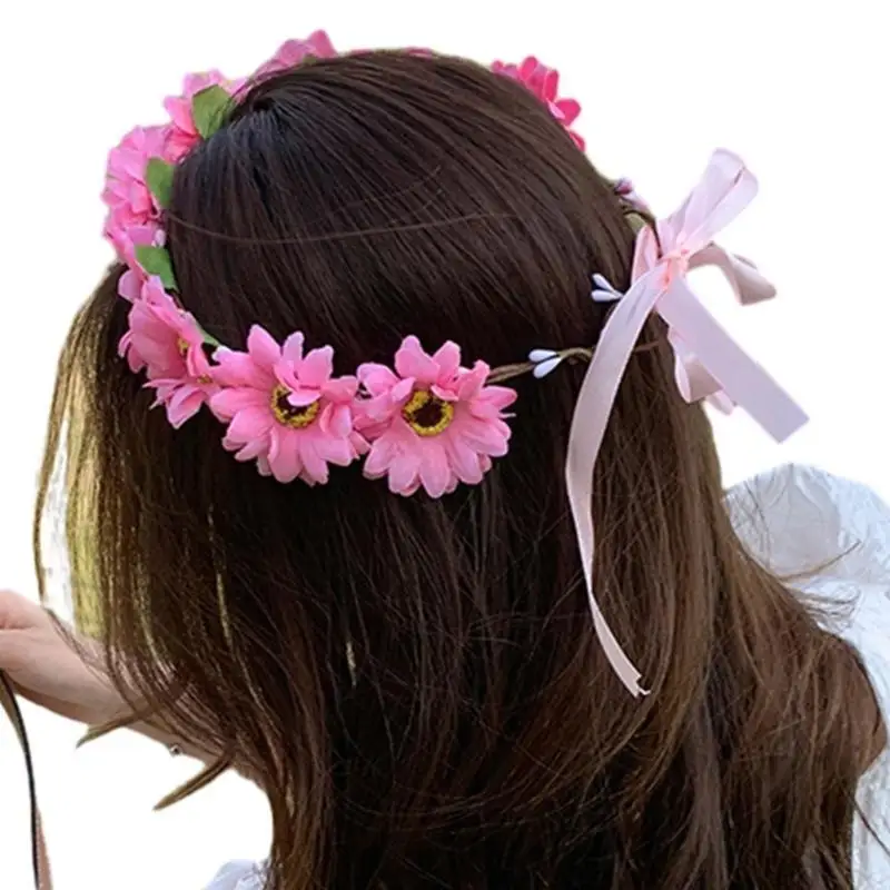 39BD Realistische Sonnenblumen Girlande Stirnband Böhmischen Krone Kopfschmuck Tiaras Haarband Frauen Hochzeit Party – Detail 10