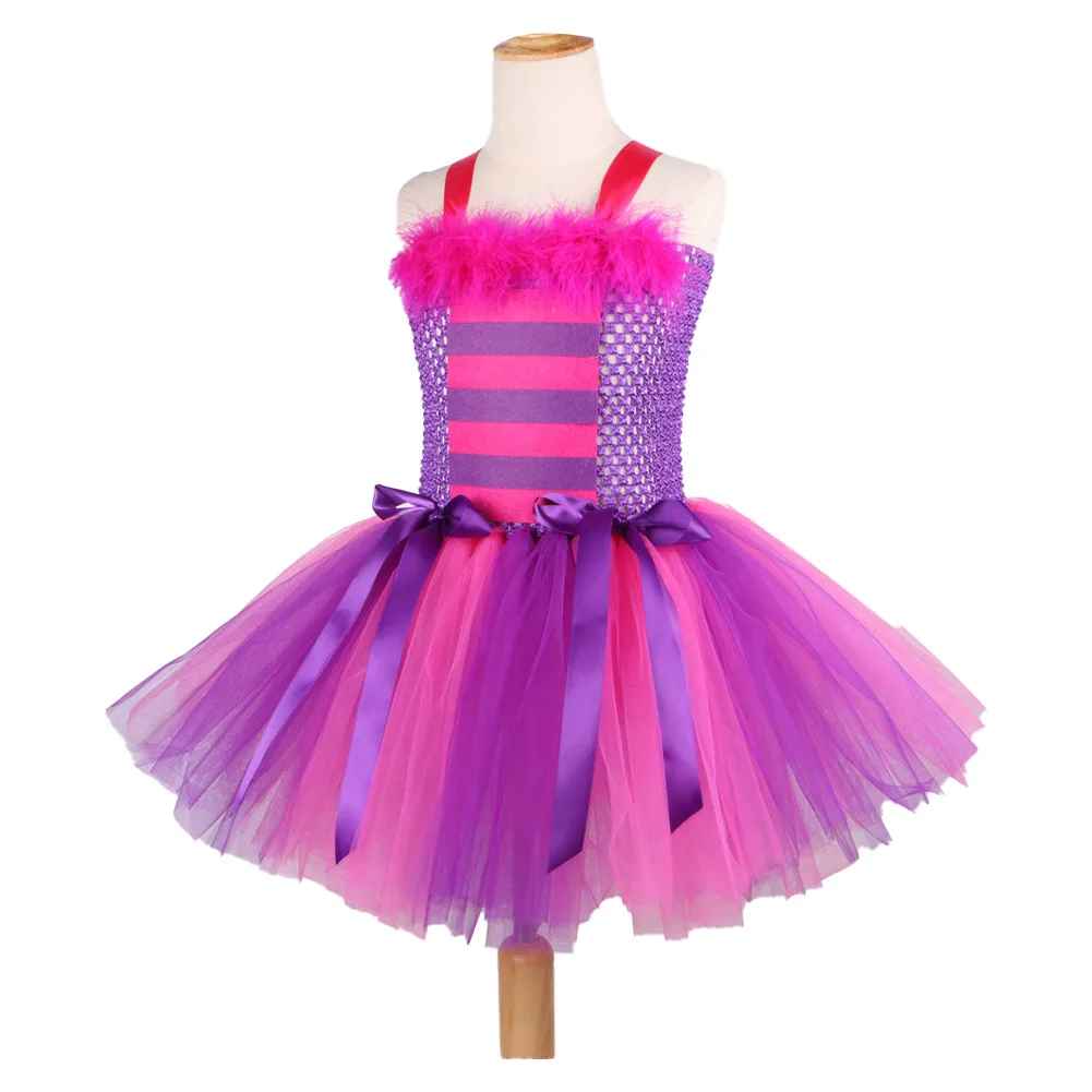 Kids Children Cheshire Cat Cosplay Costume Girls Tutu Dress Pink Purple Cartoon Roleplay Dress Headband Halloween Party  Suit