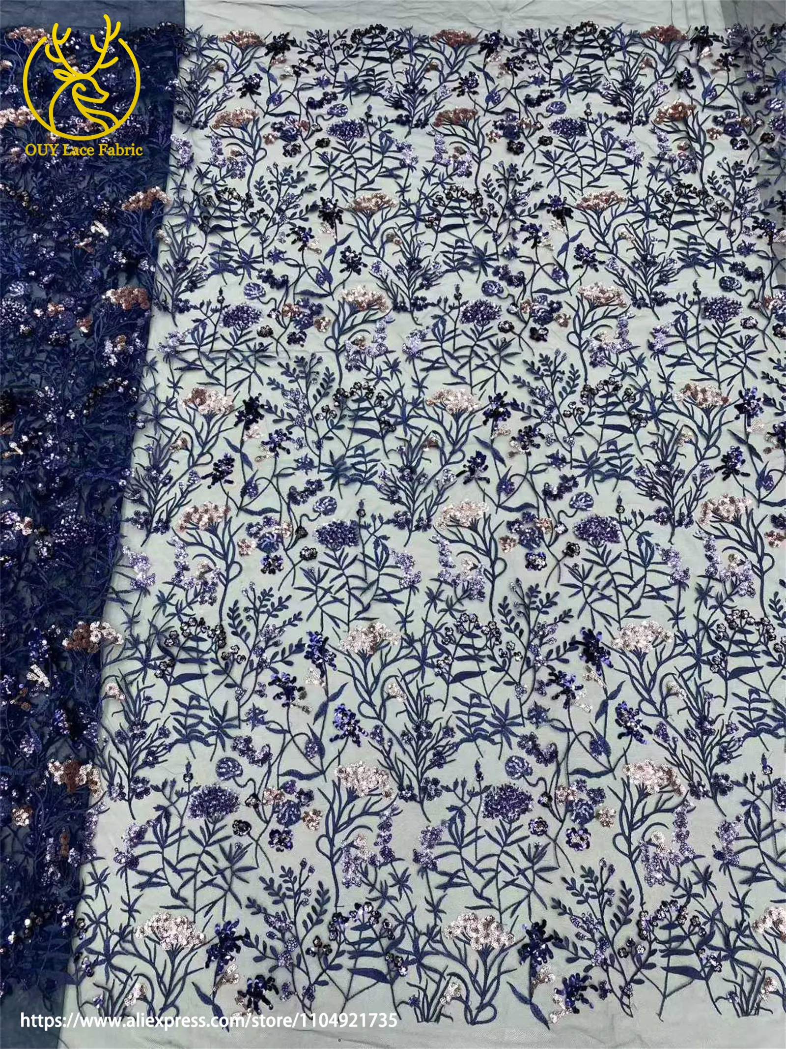 2026 Afrikanischer bestickter Tüll-Spitzenstoff, 5 Yards, hochwertiger nigerianischer Pailletten-Spitzenstoff für Damen-Abendkleider – Detail 6