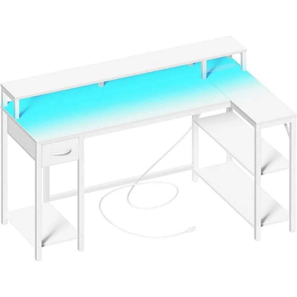 

SUPERJARE 53 Inch L Shaped Desk with LED Lights & Power Outlets, Reversible Computer Desk with Shelves & Drawer