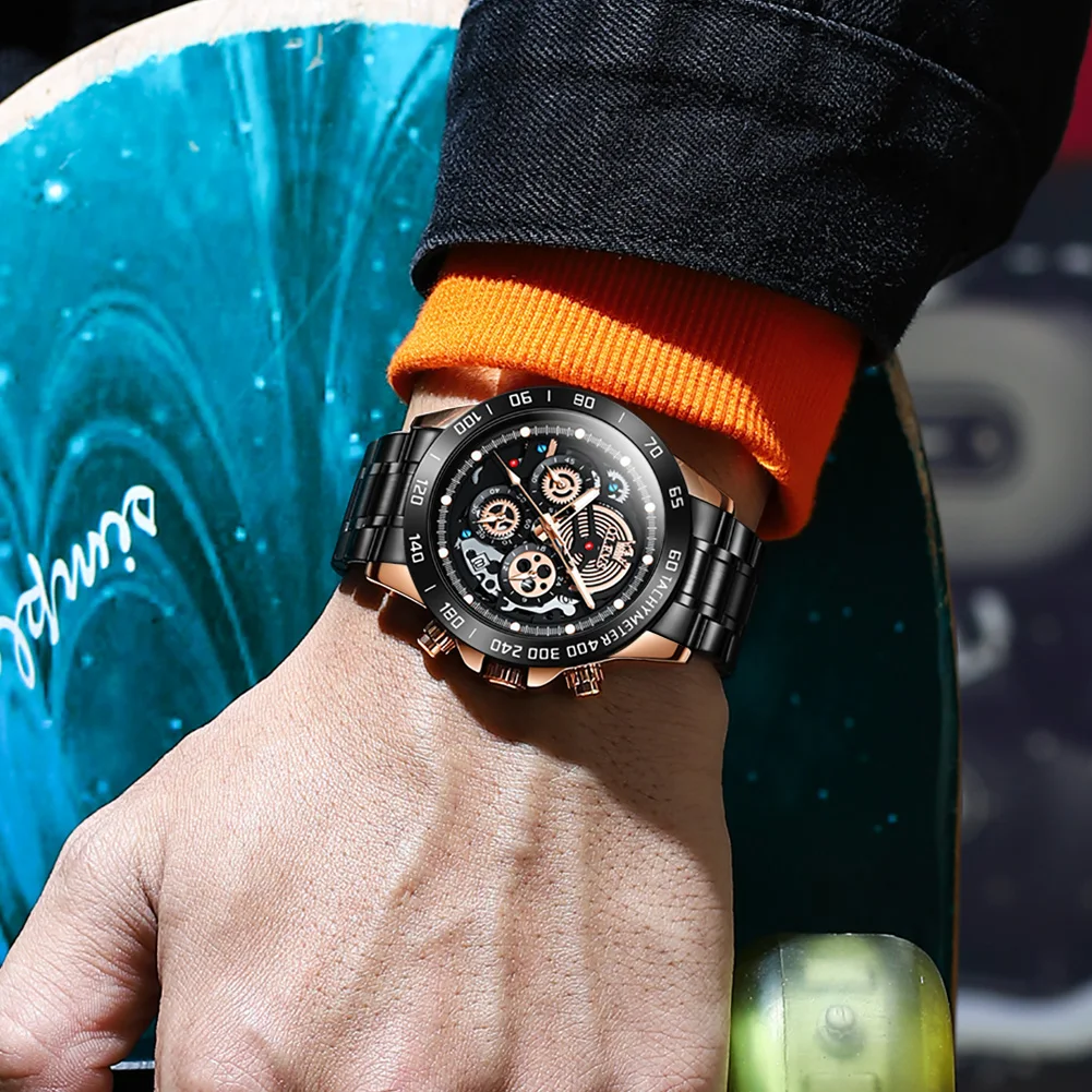 OLEVS-reloj deportivo de acero inoxidable para hombre, cronógrafo de pulsera de cuarzo, resistente al agua, diseño de esqueleto, marca superior, de