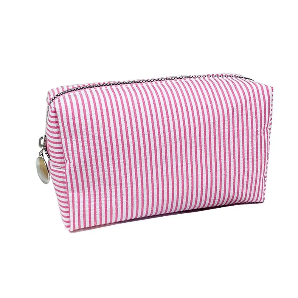 Striped Makeup Bag Soft Seersucker Fabric Zipper Closure Cosmetic Pouch Large Capacity Multi-purpose Pencil Case Daily Use