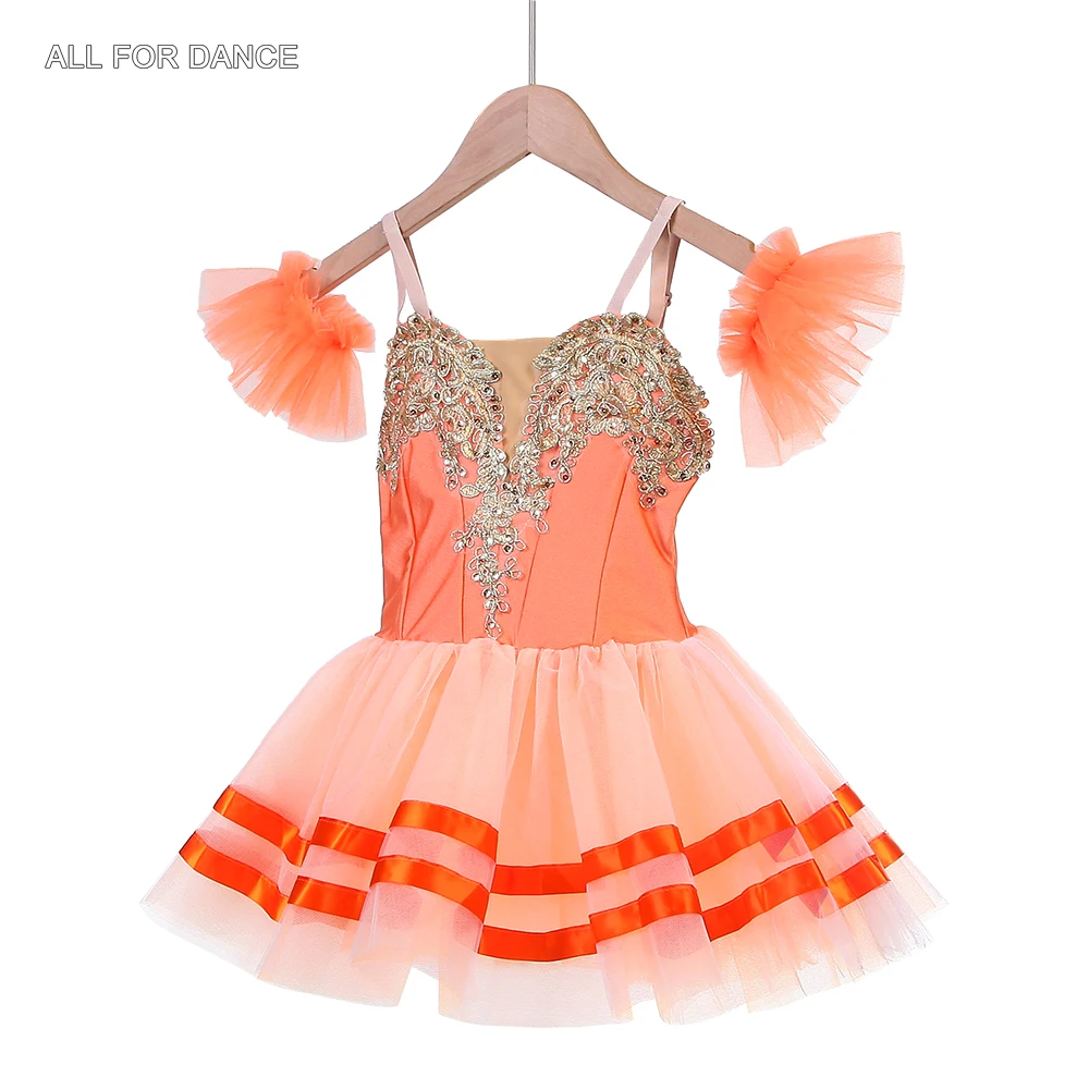 ชุดบัลเลต์สำหรับผู้ใหญ่หญิง 25030 สีส้มกำมะหยี่แต่งขอบทอง พร้อมกระโปรงบัลเลต์ทรงพอง สำหรับการแสดงบนเวที