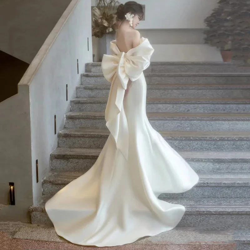 Vestido De novia clásico De satén con hombros descubiertos, traje Sexy con espalda descubierta y lazo grande, novedad De 2023