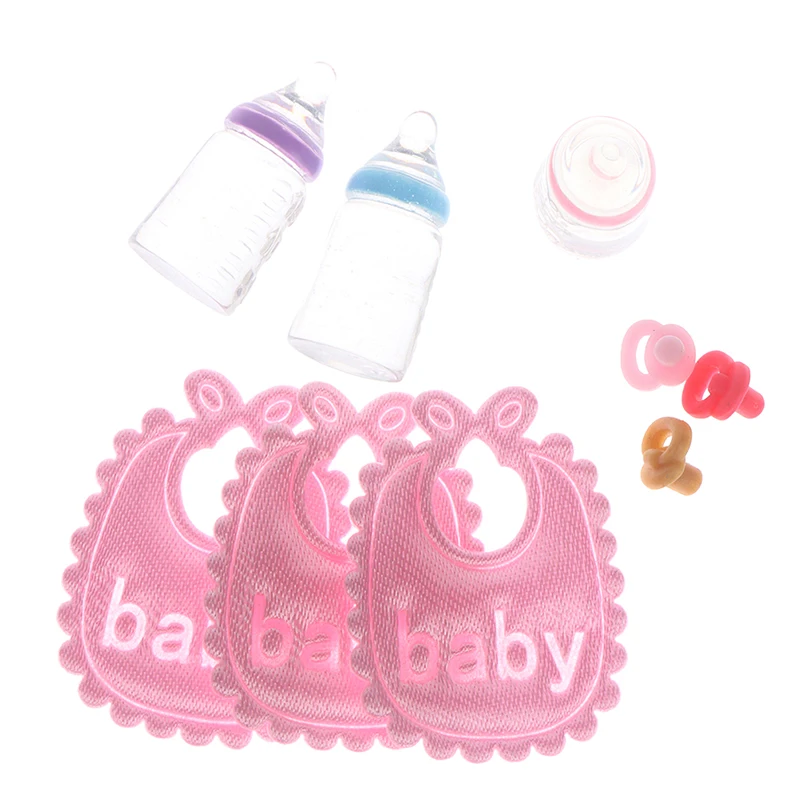 1 Set 1:12 Dolls House Miniature Baby Bottles Pacifier Bibs Set Nursery Accessory Gift