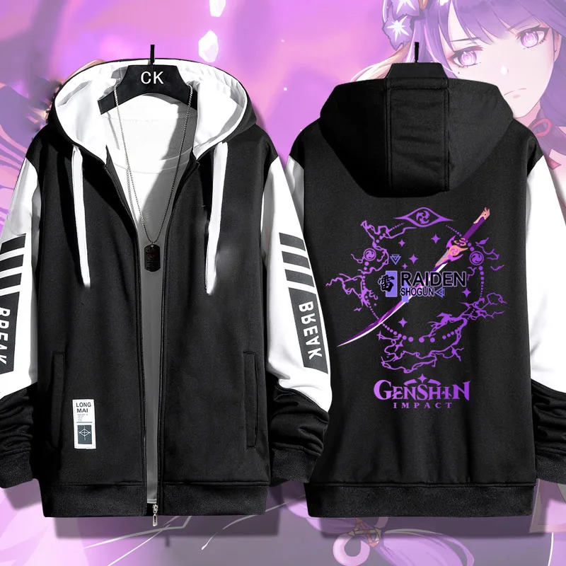 Juego Genshin Impact Raiden Shogun Sudadera con cremallera mujeres hombres Harajuku sudadera ropa de calle Hip Hop Cosplay chaqueta con capucha con cremallera