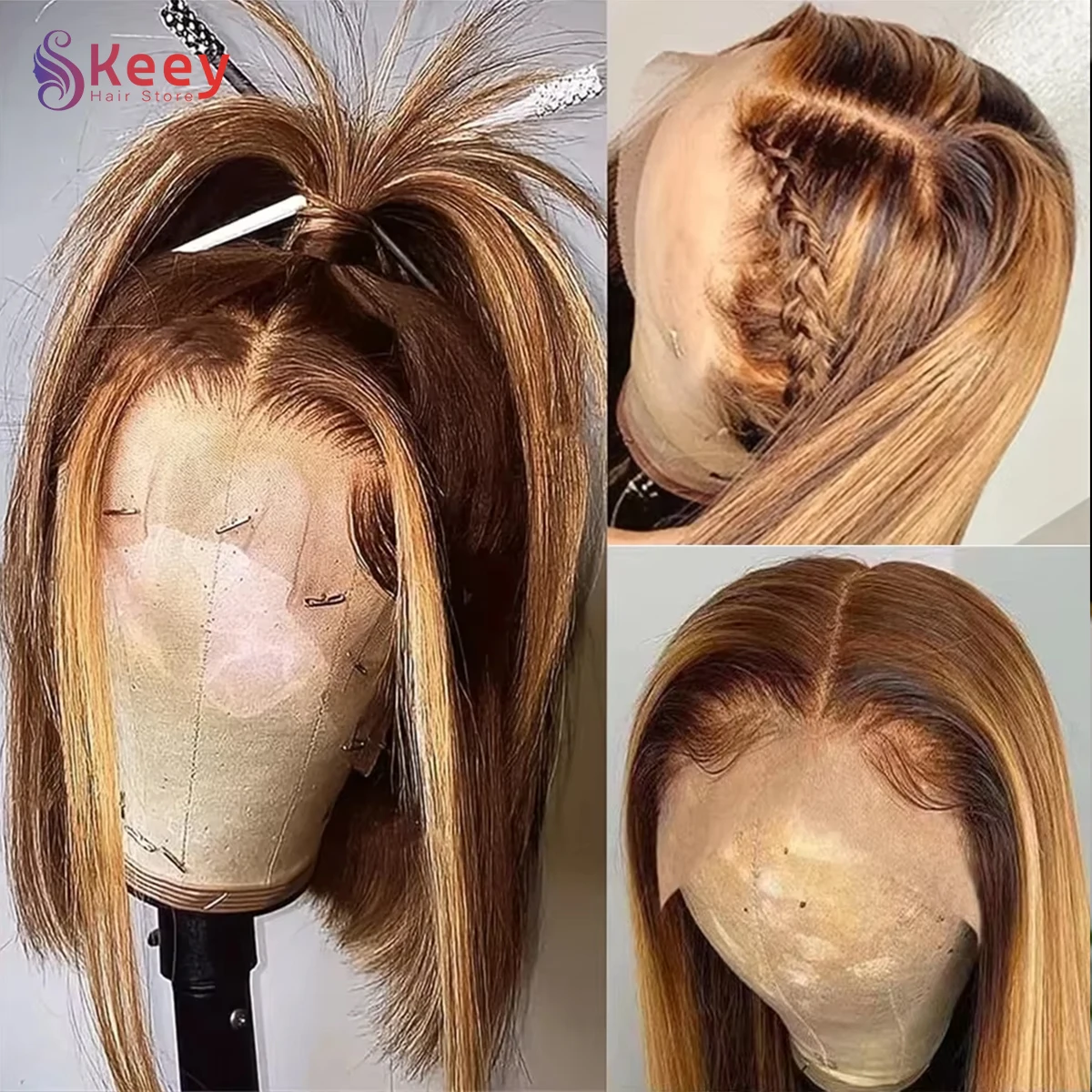 4/27 Ombre Recht Bobpruik van echt haar 13x4 Voorgeplukt Transparant Hd Kanten Voorkant Pruik 100% Gekleurd Braziliaans Bobpruik van echt haar