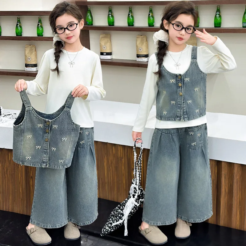 

Комплекты из 3 предметов для маленьких девочек, осенняя простая однотонная футболка + джинсовый жилет с бантом и широкими штанинами, детские комплекты для девочек, детские комплекты для девочек