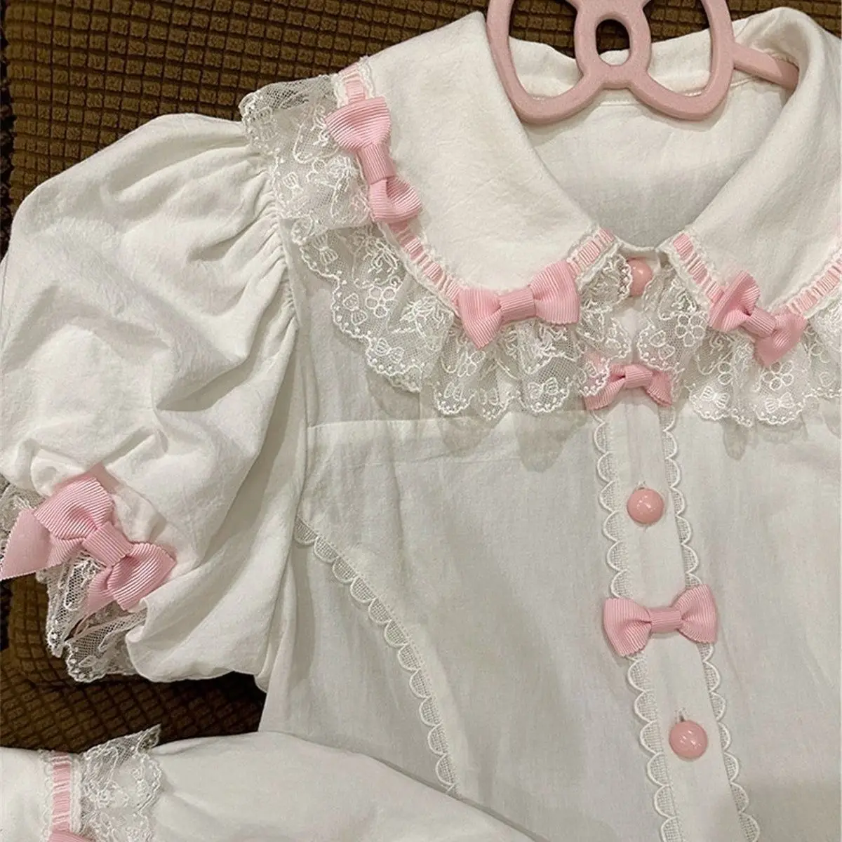 

Striped Strawberry Inner Match Original Lolita Cute Women Shirt Summer Sweet Bow Lace Patchwork Peter Pan Collar Women Tops