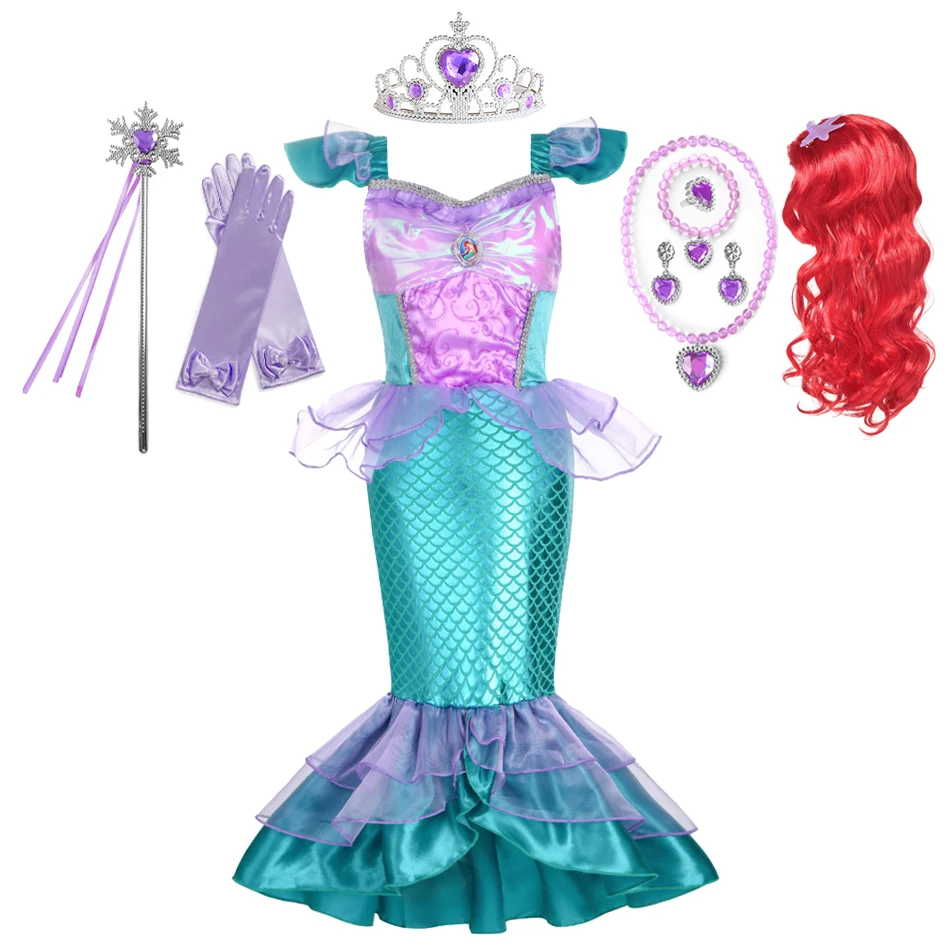 Little Mermaid Ariel Princess Dress For Kids Girls Ruffles Sleeve Cosplay Costume Children Carnival Birthday Party Gown Clothes