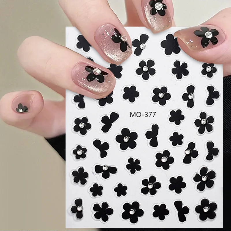 3D Black Flower Sticker Nail Decals Charms Simple Flowers White Nail Art Decoration Manicure Adhesive Gel Sliders Nails Designs