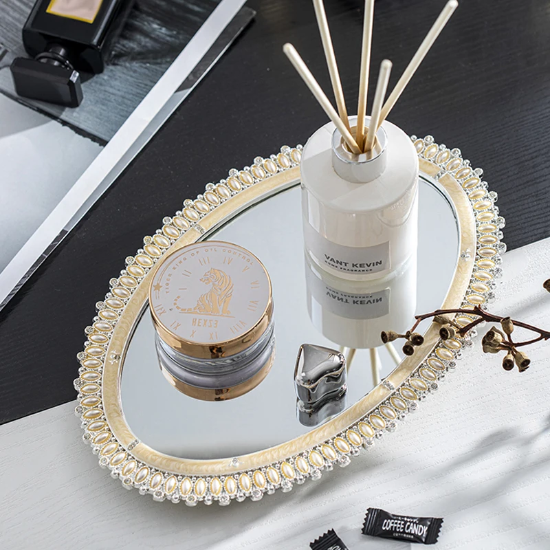 Light Luxury Pearl Inlaid Oval Storage Tray, Foyer Living Room Decoration Accessories High-End Mirror Decoration Storage Tray