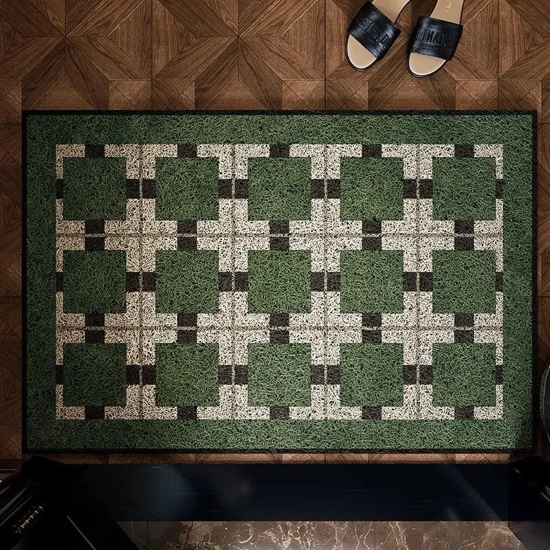Paillasson d'entrée vert à motif géométrique quadrillé, tapis décoratif rétro à carreaux carrés, accessoire de maison vintage élégant pour porche d'entrée