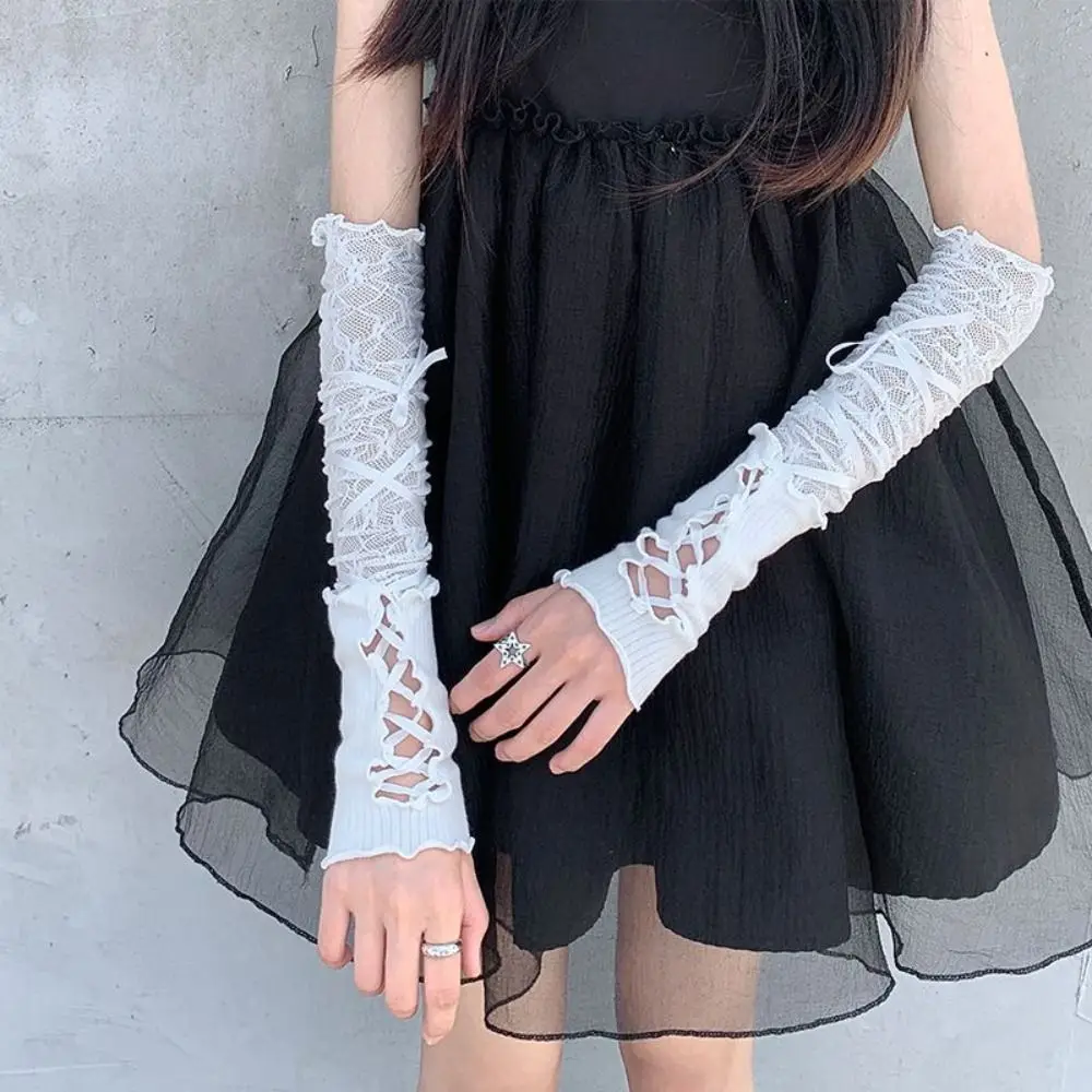 Fashion sarung tangan renda Gothic Lolita, aksesori Cosplay sarung tangan Anime elastis Jepang tanpa jari, sarung tangan tali simpul kupu-kupu