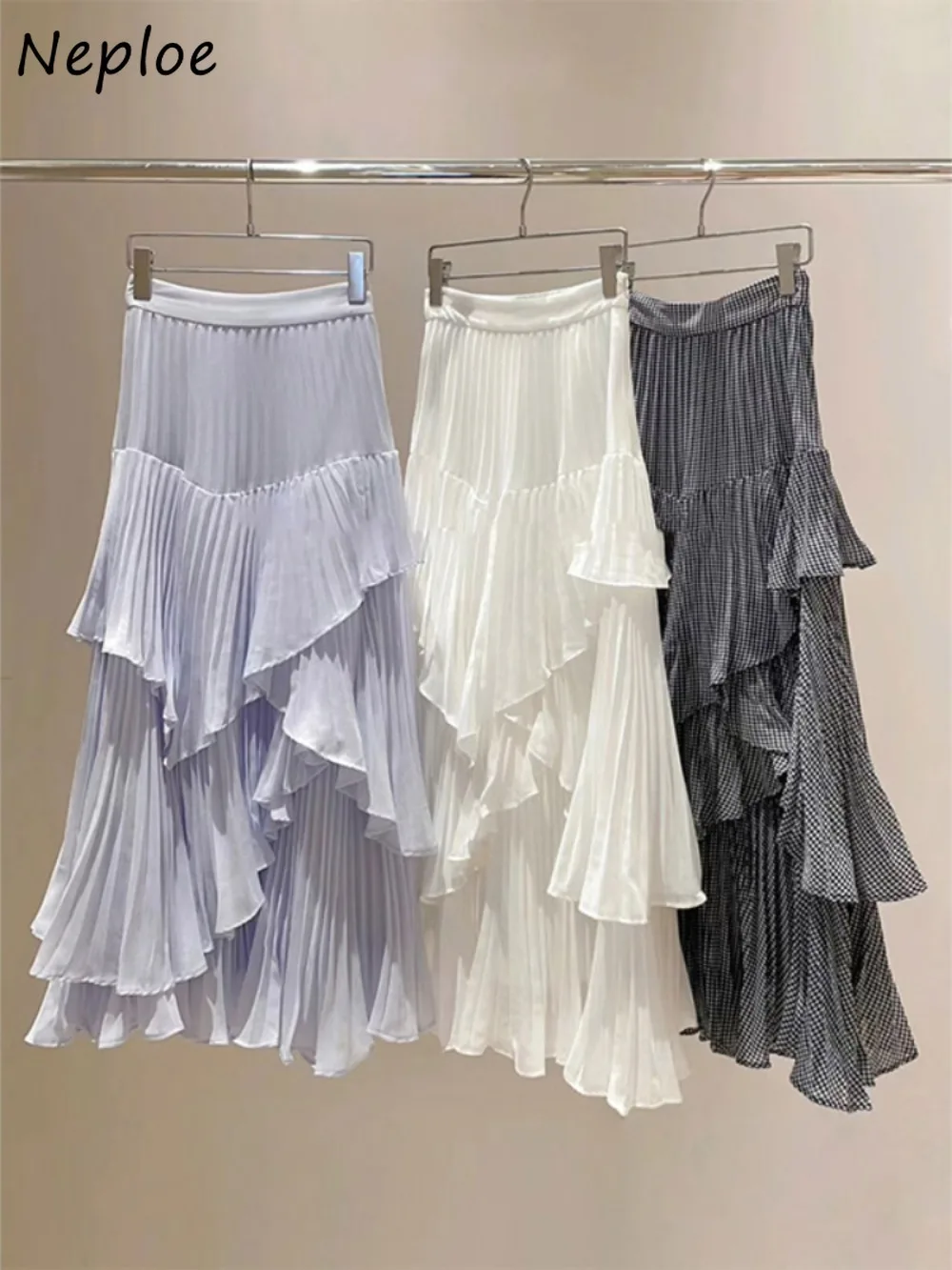 Neploe Temperament Ruffles High Waist Faldas Slim Fit Chiffon Plaid Mid-length Mujer Faldas Japan Irregular Voile Cake Skirt