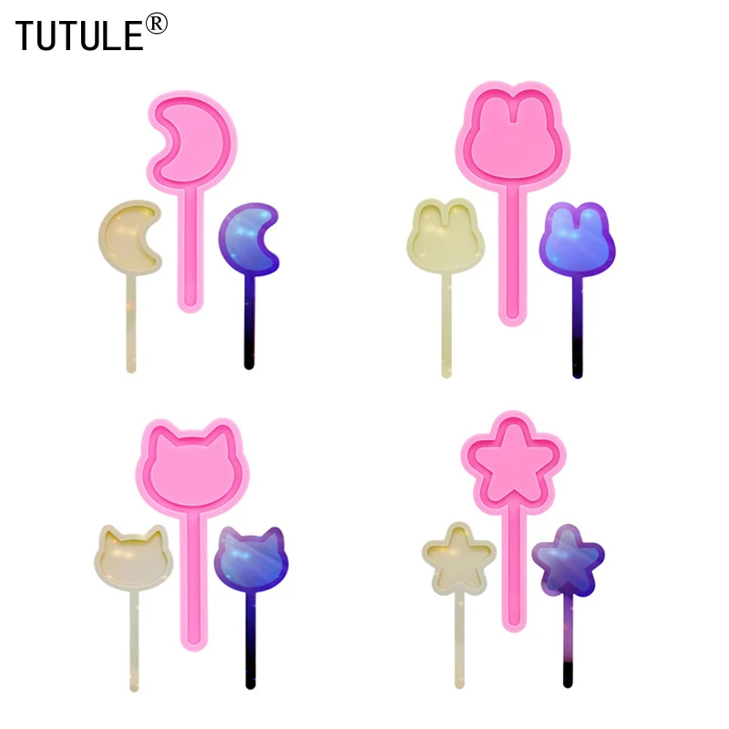 4 pcs Shiny Star Cat Crescent Shape Lollipop Magic Girl Wand Silicone Mold Resin DIY Making Handmade Clay Chocolate Cake  molds