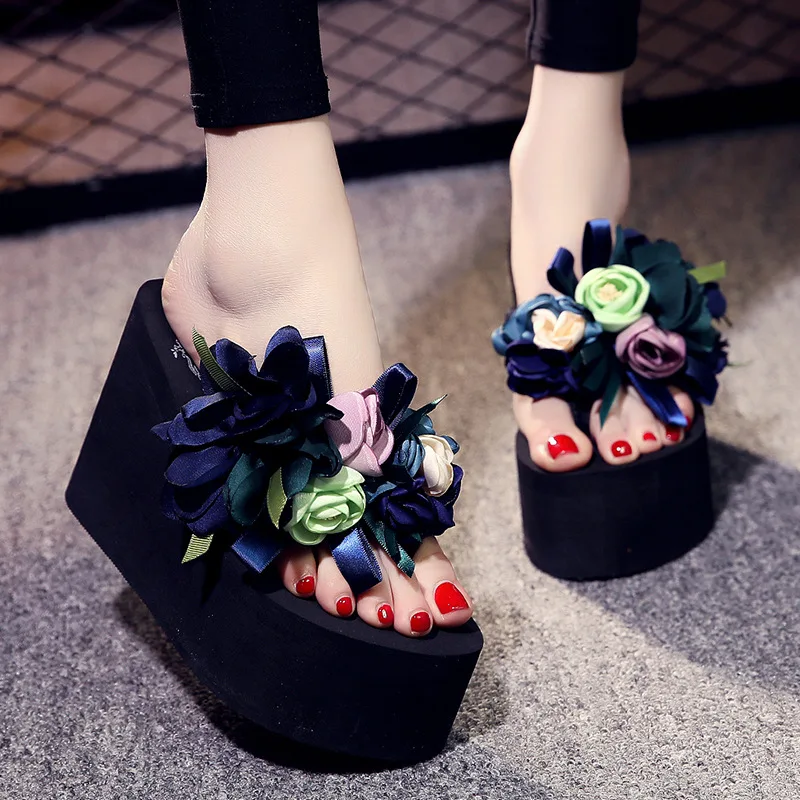 Flower Slippers Women Summer Rubber Flip Flops On A Wedge Slides High-Heeled Shoes Lady Shale Female Beach Fashion Platform Med