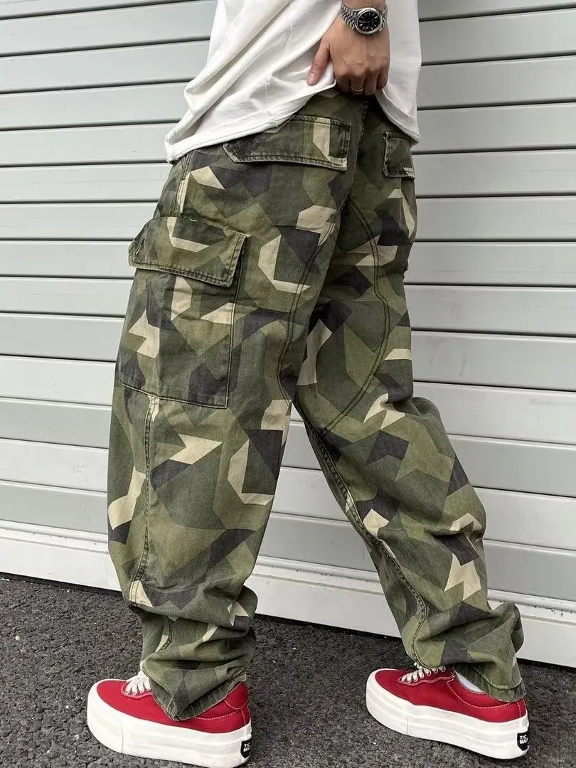 Men's Summer Casual Camouflage Work Pants Loose Multi-Pocket Versatile Straight Leg Long Trousers Retro Style Non-Stretch