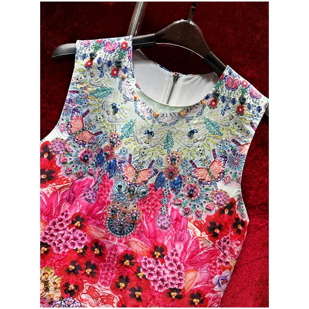 ラグジュアリーヴィンテージプリント手刺繍ビーズショートAラインワンピース 2025新作夏ノースリーブベストワンピース オールマッチ半袖ワンピース