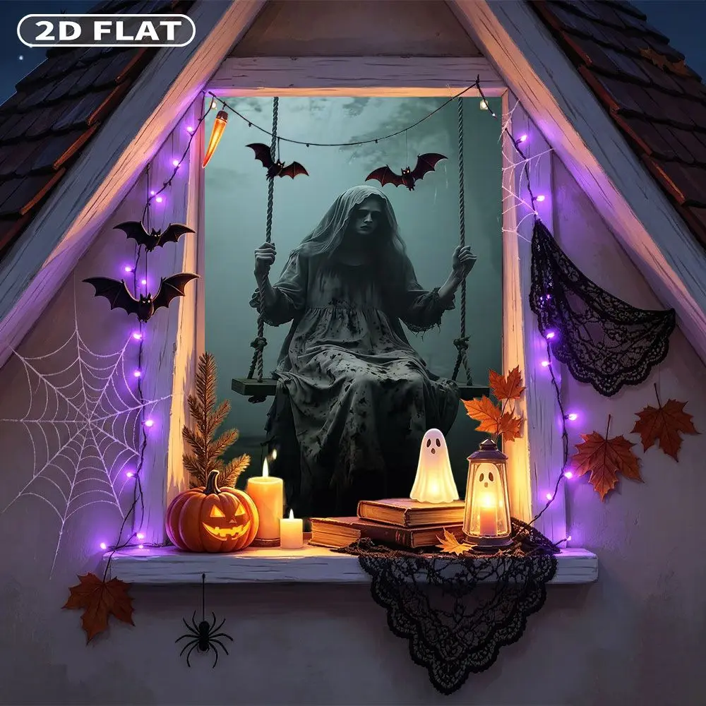 2D FLAT 1pc Party Window Cover Banner, with Dark Stained Dress Pattern On Hooded Figure, No Power Need Home Decor