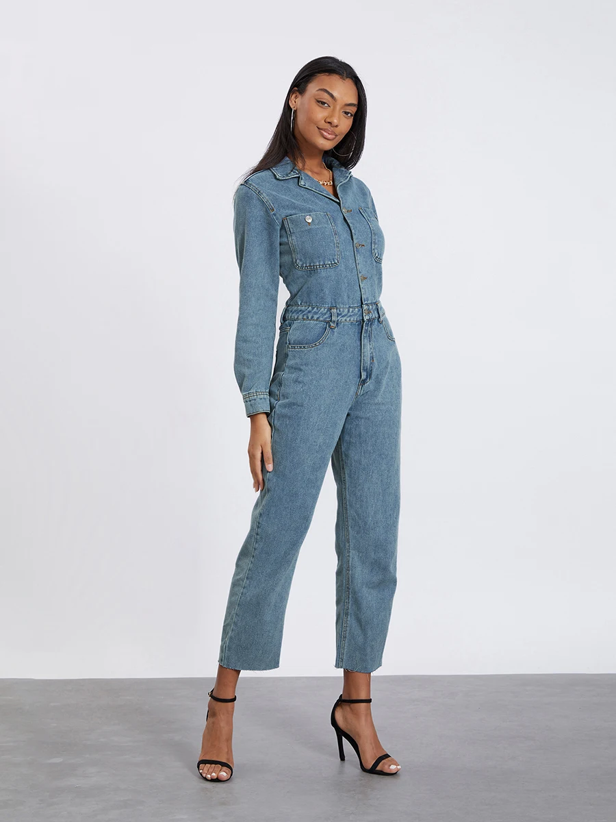 Damen-Jeans-Overall mit Gürtel, einfarbigen Knöpfen, Umlegekragen, langer Denim-Playsuit in voller Länge, Jeans, Strampler, Overalls