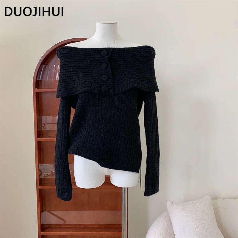 

DUOJIHUI Autumn Fashion Slash Neck Sweet Knitted Women Pullovers New Pure Color Fashion Simple Casual Loose Soft Female Pullover