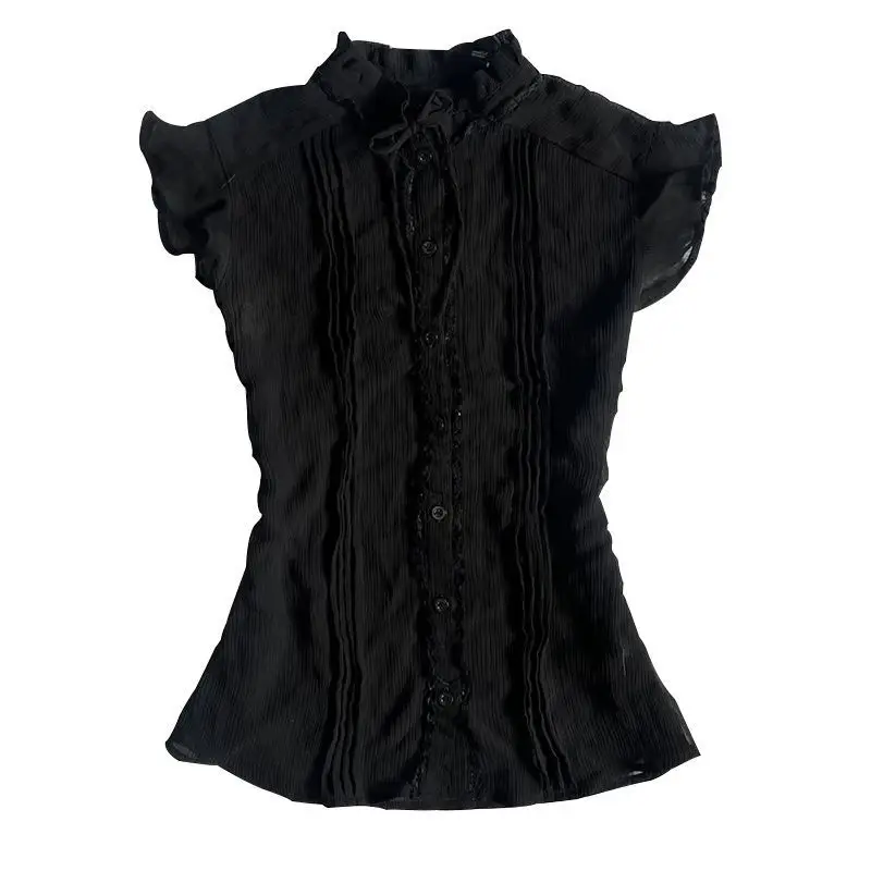 

Vintage Stand Collar Fungus Blouses 2025 Summer New Black Simple Shirt Women Y2k Flying Sleeve Slim Fit Blusas De Mujer